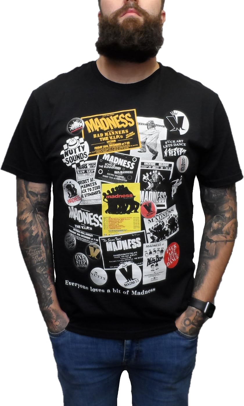 Mazeys Mens Official Madness T Shirts (UK, Alpha, L, Regular, Regular, Posters and Stickers Black)