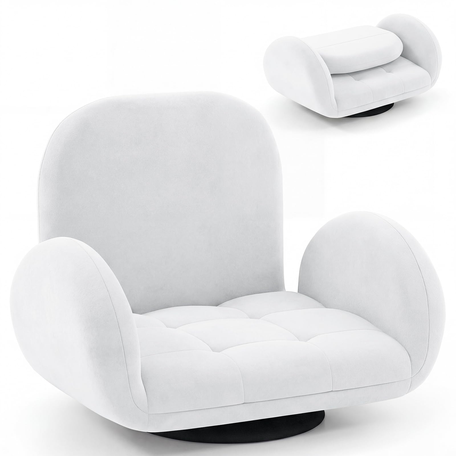 COSTWAY Folding Sofa Chair, Lazy Floor Sofa Bed with Adjustable Backrest and Armrests, Single Padded Lounge Sleeper Recliner Floor Chair Seat for Meditation Gaming Reading (with Swivel Base, White)
