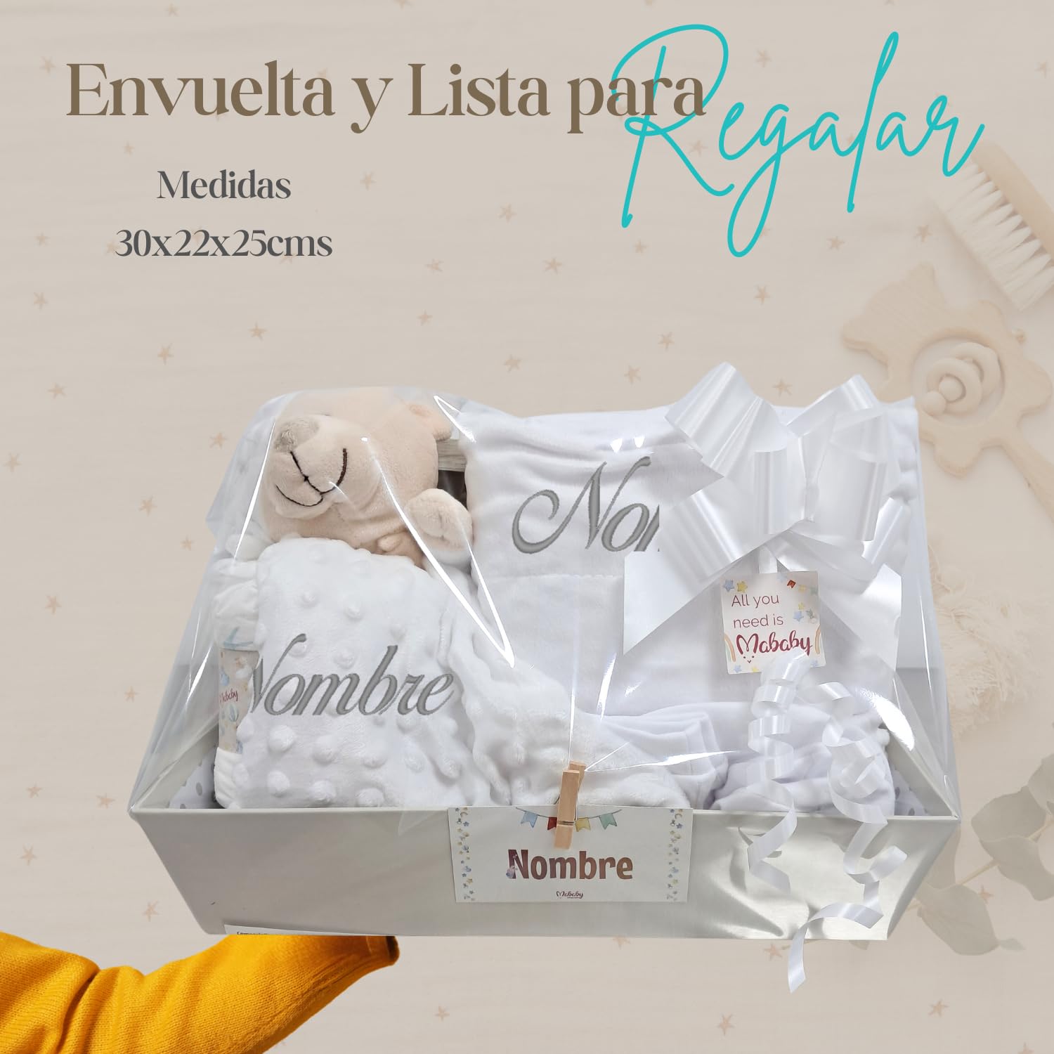 Velvet Canastilla Bebé Personalizada Niña con Manta Burbujas, Dou Dou de Apego y Primera Puesta, Regalo Baby Shower