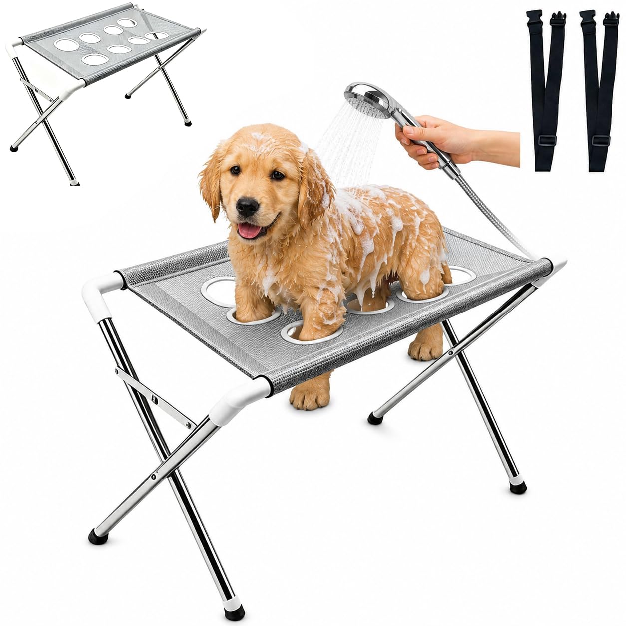 Pet Grooming Hammock with Stand for Small Dogs, 8-Hole Foldable Stand