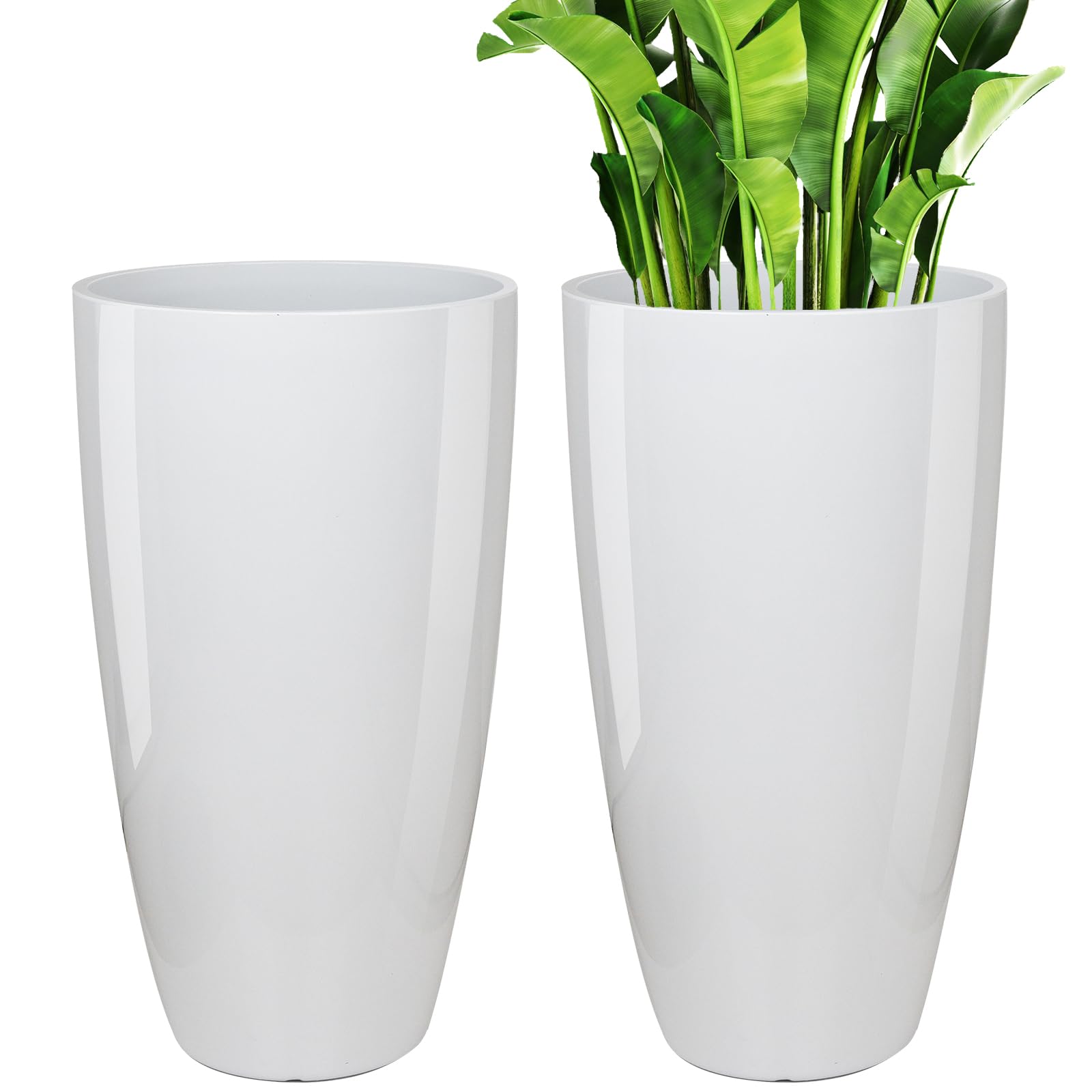 21 inch Tall Planter, Indoor Outdoor Planter Set of 2 Tall Outdoor Planters for Porch Large Planter Pot with Drainage Hole for Home Garden Front Door (White)