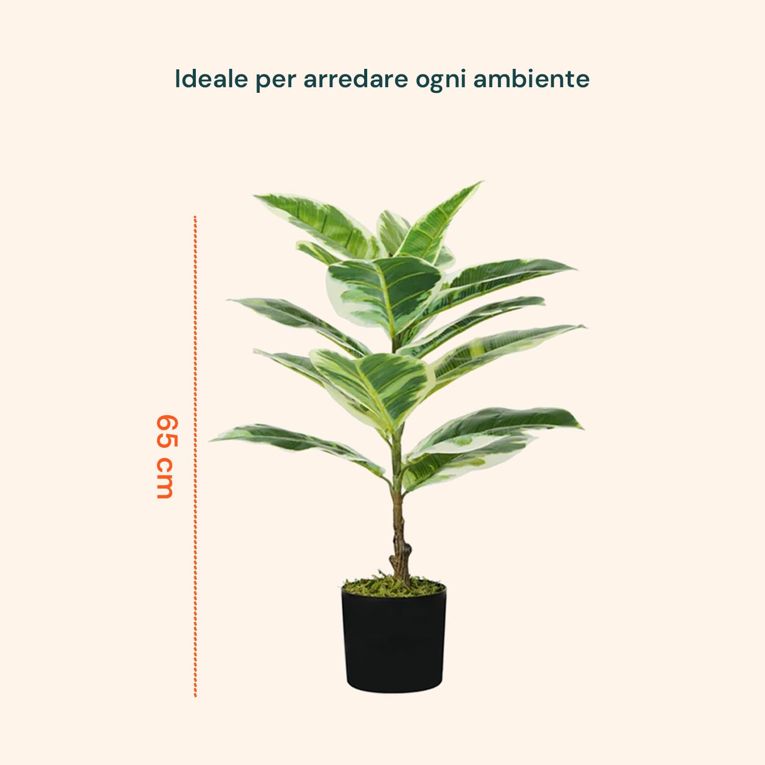 Wintem Pianta di Ficus Elastica Artificiale in Polietilene con 15 Foglie, 65 cm, Vaso con Muschio, Pianta Decorativa da Interno