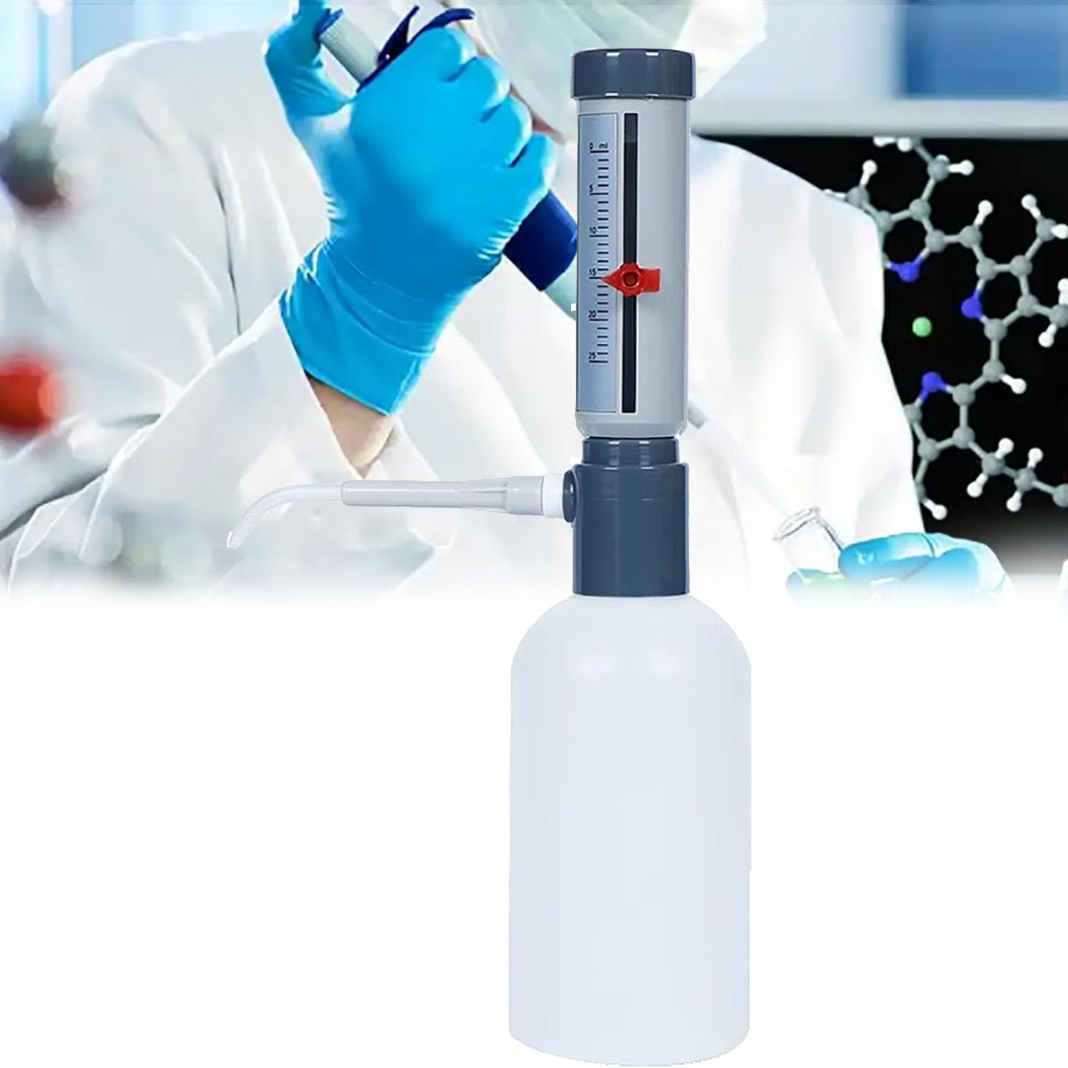 Dispensador superior de botella, dispensador de laboratorio de plástico de 1000 ml, graduación mínima de 1 ml, dispensación eficiente para soluciones acuosas y muestras bioquímicas