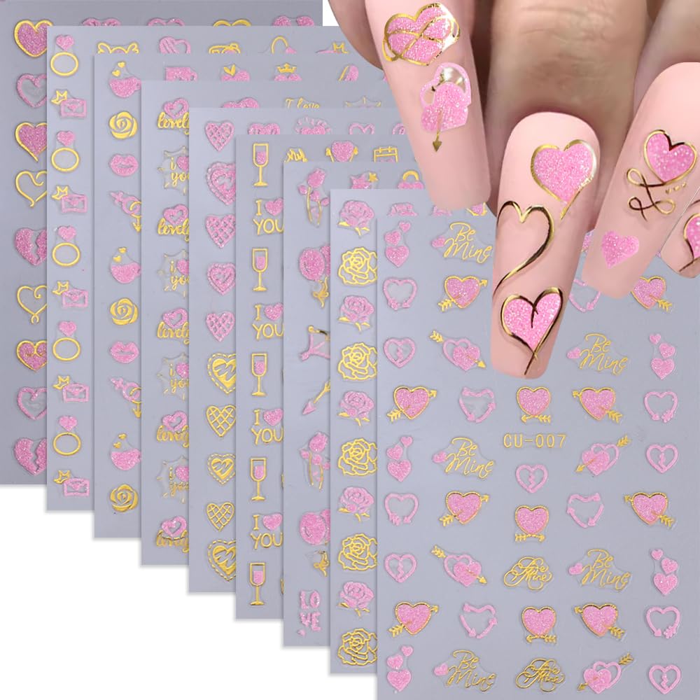 Valentines Day Nail Stickers, Heart Nail Decals Pink Gold Romantic Heart Kiss Rose Flower 3D Self-Adhesive Valentine Nail Art Design for Women Girls(