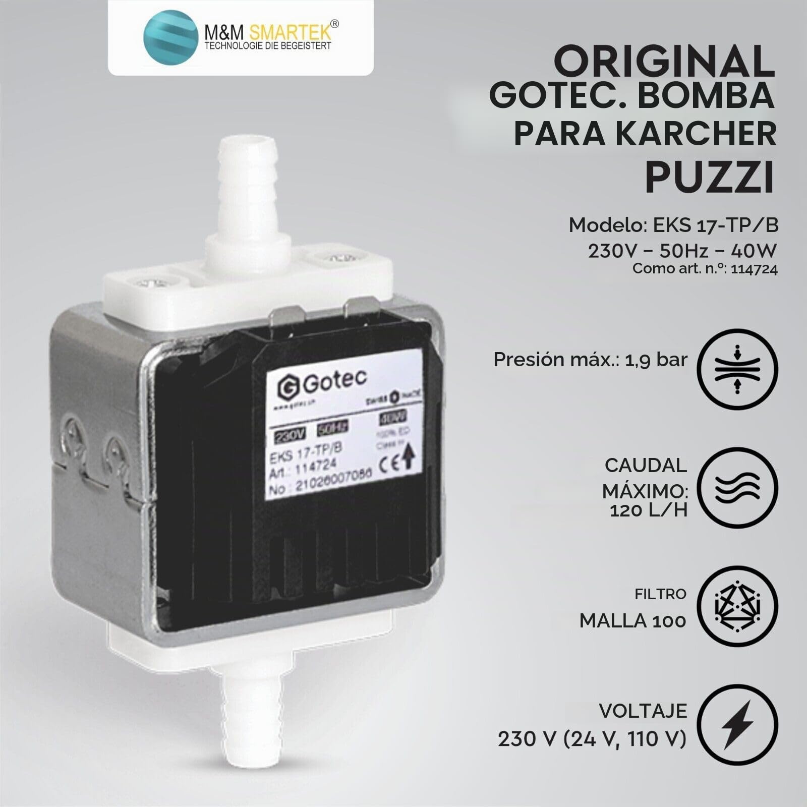 M&M Smartek Bomba Original Gotec para Kärcher Puzzi 100 200 8/1 10/1 10/2 Lavadora Aspiradora Pomp Alfombra Limpiadora