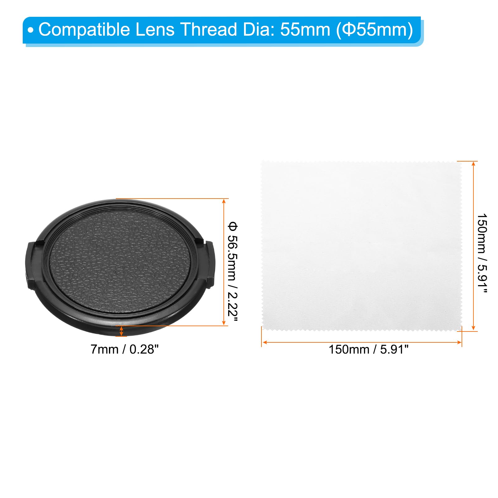 PATIKIL 55mm Lens Cap, 3 Pack Sides Pinch Snap Camera Lens Cover for Front Lens with Cleaning Cloth, Suitable for 55mm Thread Universal DSLR Lenses, Black
