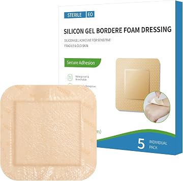 Silicone Foam Dressing 5 Pcs with Gentle Border 5 x5 Adhesive Waterproof Wounds Dressing Bandages Patches for Wound Care