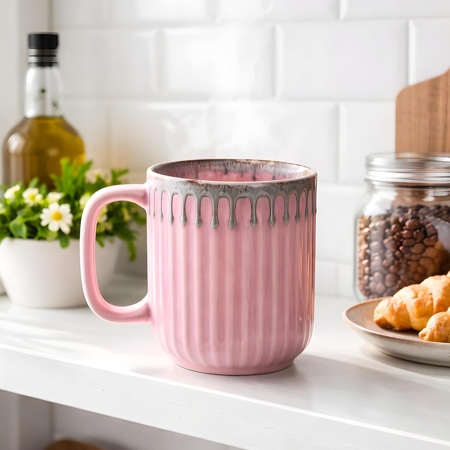 Handmade Ceramic Coffee Mug, Drip Glaze Design, Vertical Ridged Design, 220ml, Microwave & Dishwasher Safe Ideal for Coffee, Tea & Hot Beverages (Pink)