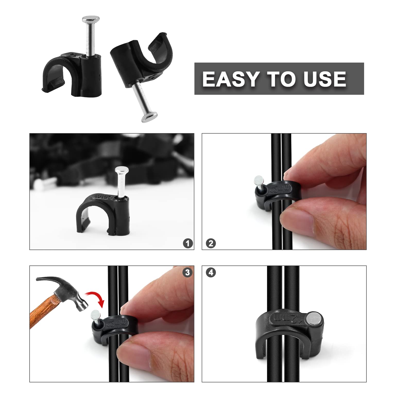 Auvotuis 200Pcs Cable Clips With Nails - 8mm Black Cable Management Clips For Ethernet, Coax, TV Wires