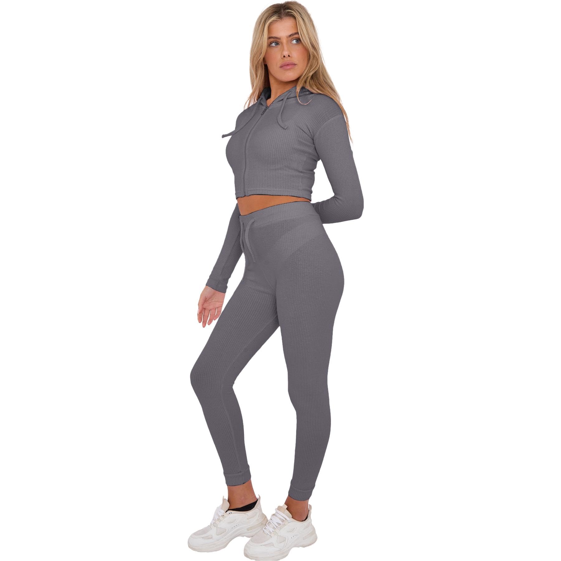 Set coordinato a coste da donna, set casual da salotto da donna UK con top corto con zip e leggings a vita alta con coulisse in vita, set da palestra, tute da donna per corsa e ciclismo