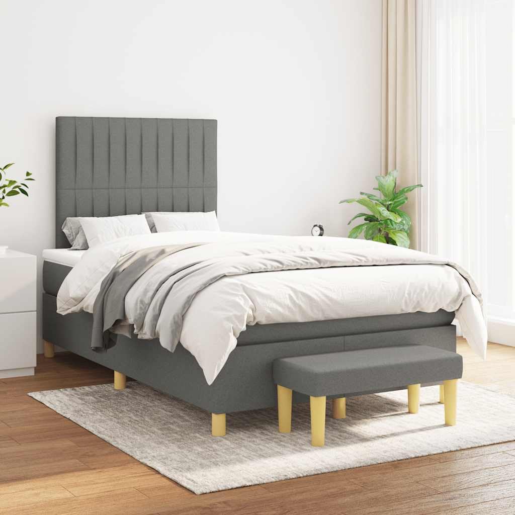 Sprężynowy z regulowanym zagłówkiem kontynentalny szary 120x190cm | Łóżko kontynentalne z materacem sprężynowym ciemnoszare 120x190cm tkanina z zagłówkiem regulowanym i ławką