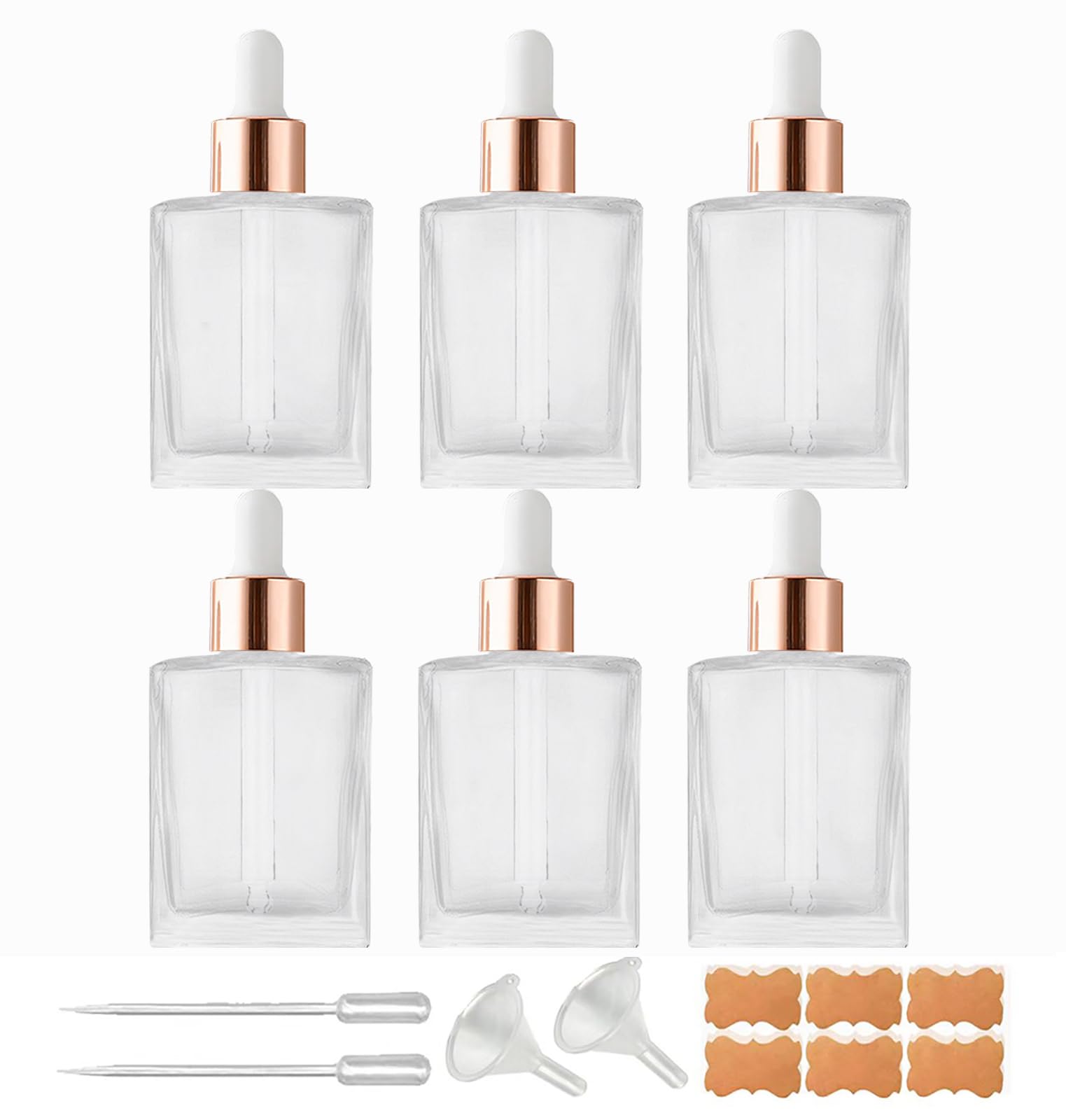 BEGIKET 6 Pack 1.7oz Clear Frosted Square Glass Dropper Bottles 50ML Square Essential Oils Dropper Bottles Tincture Bottle with Eye Dropper for