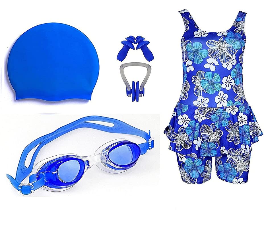 LEBAMI Swimming Kit for Girls with 1 Swimming Costume | Swim Suit | Swimwear | Swimming Dress Goggles Cap Ear Plug Nose Clip-Blue (B0B5RYB7H5) Amazon Price History, Amazon Price Tracker