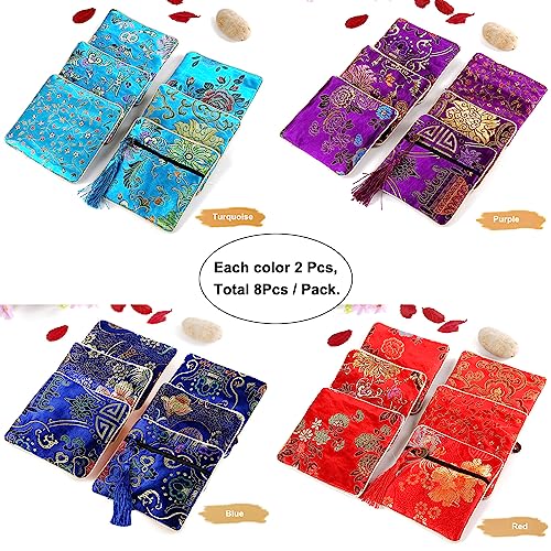 Image of PINOWU 8pcs Silk Brocade Jewelry Bags with Zipper (11.5x11.5cm), Jewellery Silk Purse Pouch Gift Bags for Women Coins Traveling Jewelry Rolls Wedding Birthday Party Favors (Pack of 2)