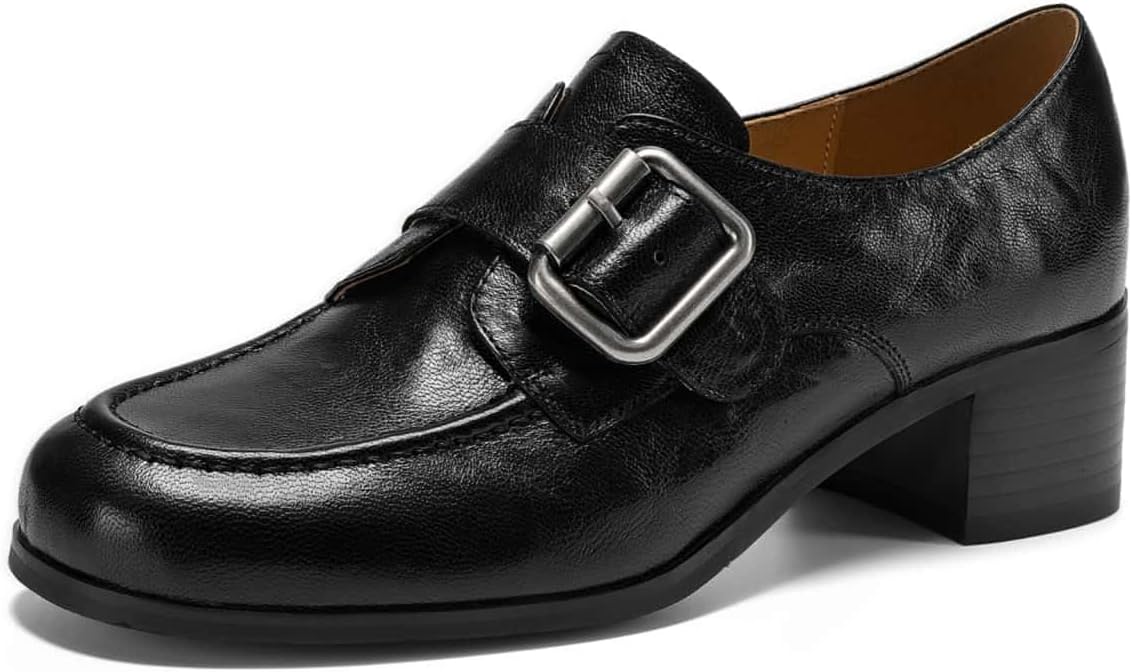 TinaCus Women's Oxfofd Shoes Genuine Leather Handmade Round Toe Casual Work Buckle Loafers