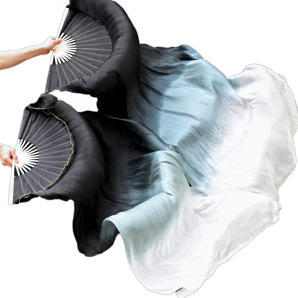 Women Hand Made 1 Pair (Left+Right) Silk Belly Dance Fans Veil Belly Dancing Long Fans Length 180 cm Width 90 cm (black white)