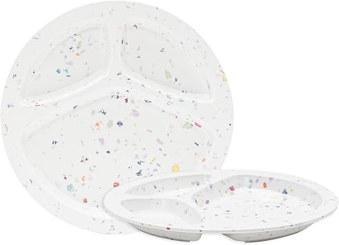 9-Inch Melamine Divided Plates 3-Section Portion Control Plates, Food Safe & Durable, Lightweight & Unbreakable, Reusable Tableware for Kids, Big Kids & Everyday Meals, Confetti White