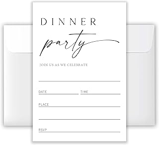 4x6 ‘Dinner Party’ Invitations (20 Cards + 20 Envelopes) - Sophisticated Black & White Dinner Gathering Invites.(040)