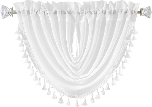 Central Park White Solid Waterfall Valance Window Curtain Linen Texture Rod Pocket with Tassel Accessories for Living and Bedroom Semi Sheer Kitchen Curtain, 56"x38", 1 Piece