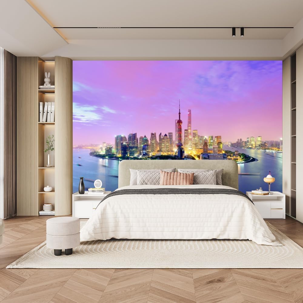 City Building 3D Wallpaper, Lake Sunset Removable Self Adhesive Wall Sticker-Peel and Stick Wallpaper, Fadeless Odorless for Bedroom Mural Home Decor,78.7" W x55.2 H