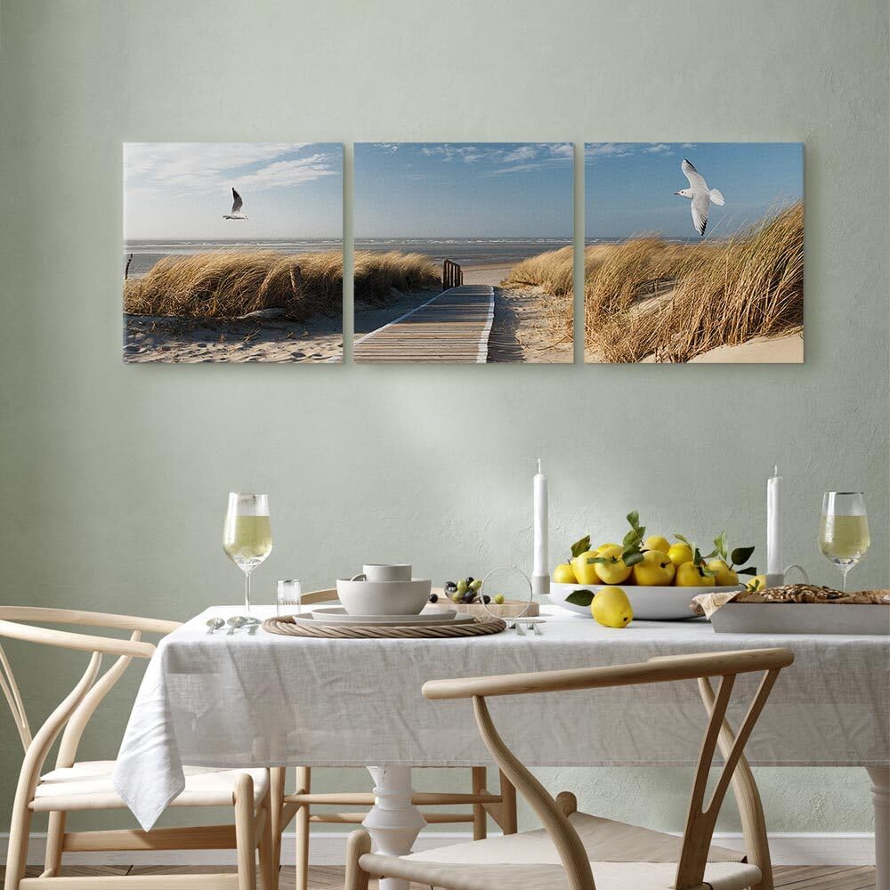 decomonkey Cuadro Lienzo Set Playa Mar Arena Gaviotas 60x20 cm 3 piezas | Impresión sobre material tejido no tejido, decoración de cuadro de pared, gráfica fotográfica, para salón