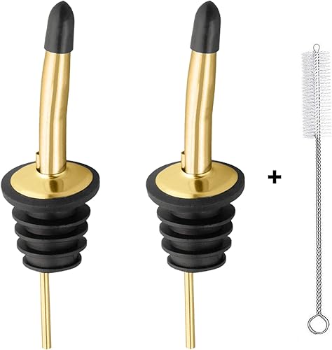 4 boquillas para verter licor, vertedores de botellas de licor de acero inoxidable con tapas de goma para polvo y cepillo de limpieza, para verter