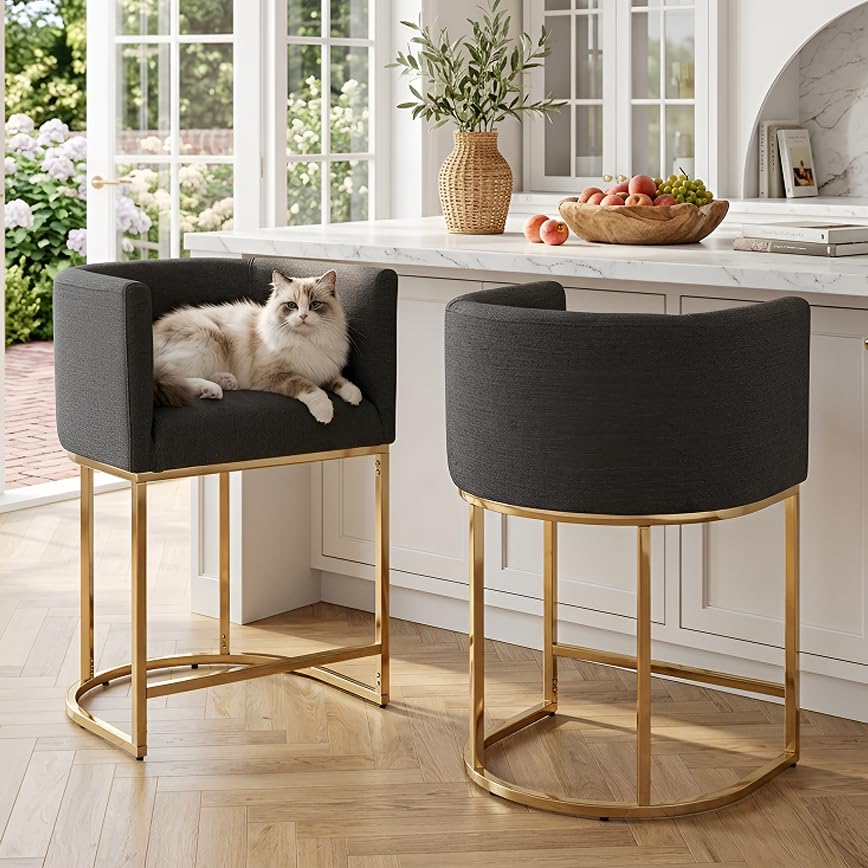 Image of HNY Charcoal Modern Barrel Counter Height Clearance Bar Stools Set of 2, 24 Inch Linen Kitchen Barstools with Back for Island, with Gold Metal Tubular Frame