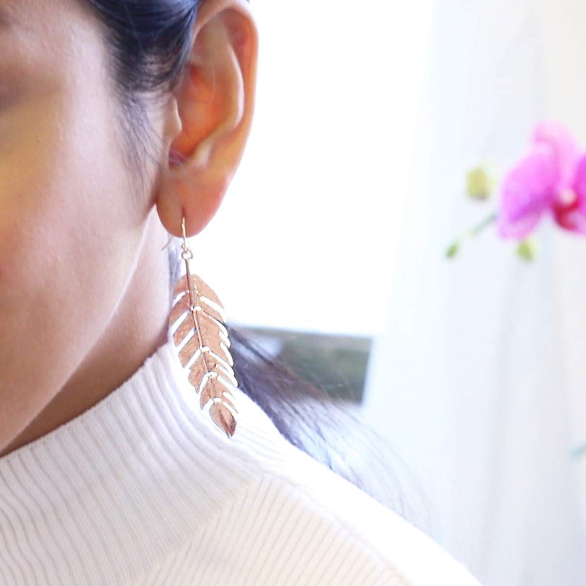 Leaf Earrings for Women - Long Hanging Boho Feather Earrings Plated in Gold, , or Rose Gold Tone: Rose Gold