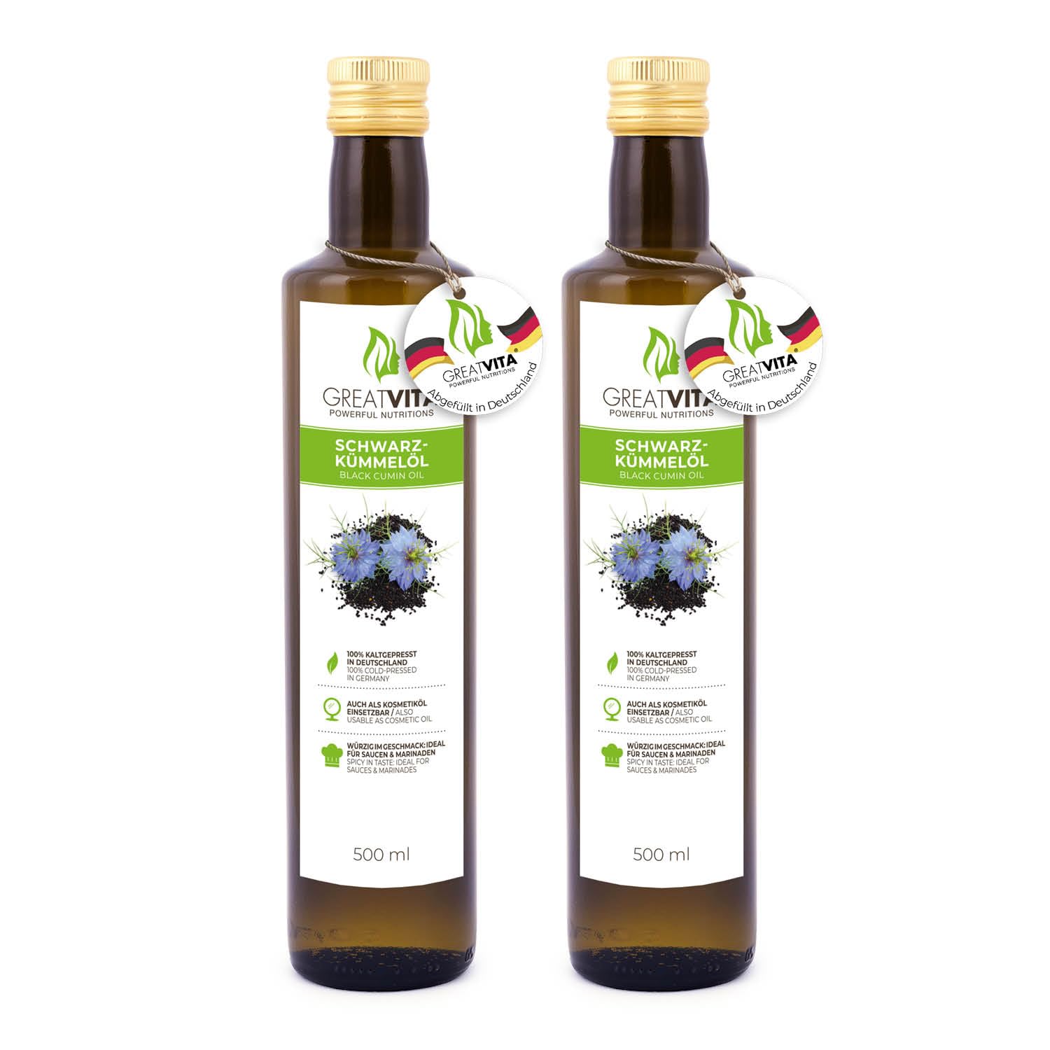 Olio di cumino nero MeaVita, 100% puro e pressato a freddo, 1 confezione (2 x 500 ml)