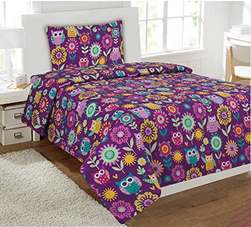 Fancy Collection Sheet Set Owls Flowers Purple Teal Yellow Lavender New (Twin)
