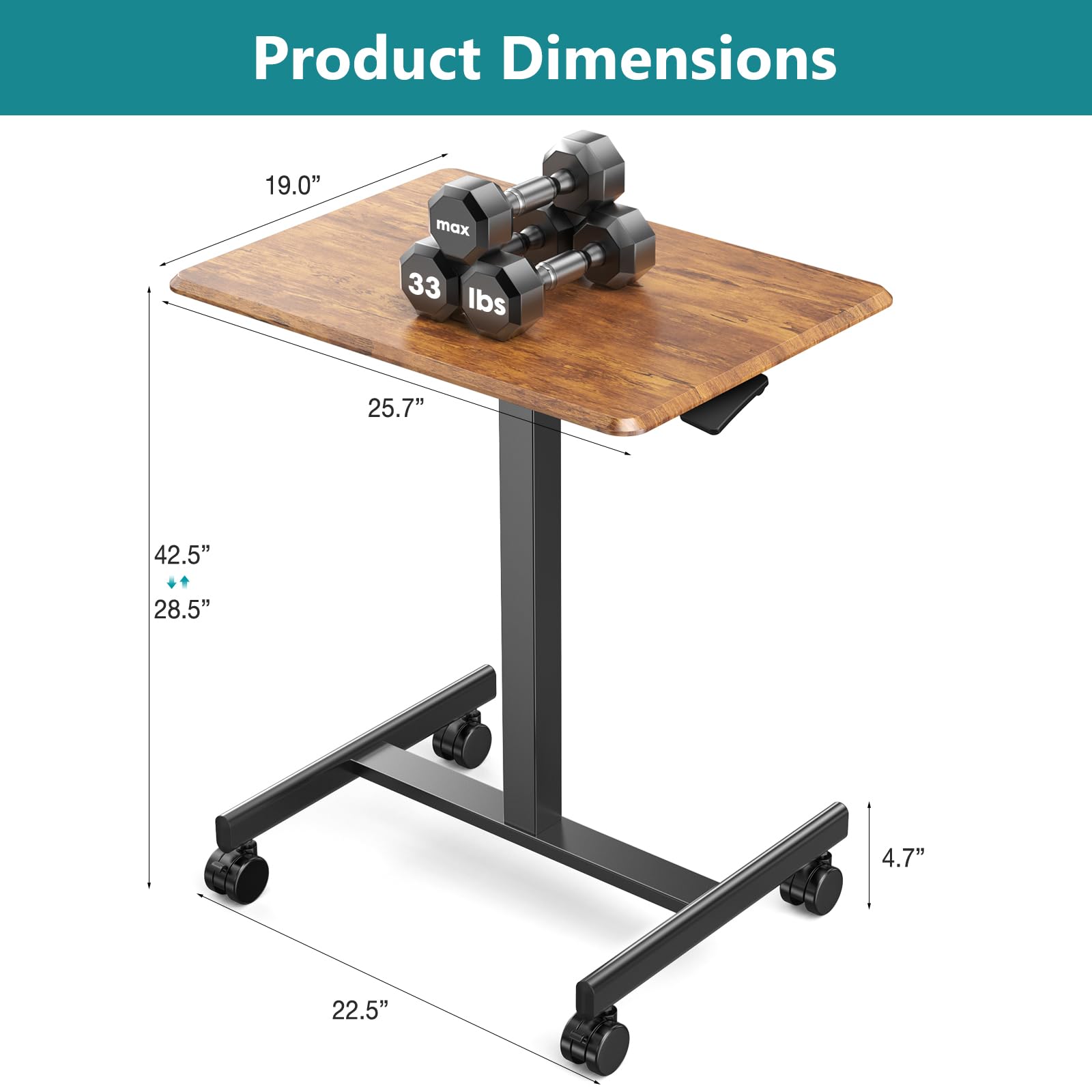 NEWBULIG Rolling Desk Adjustable Height Adjustable Small Standing Desks with Wheels Rolling Cart Laptop Portable Table Mobile Teacher — view 3