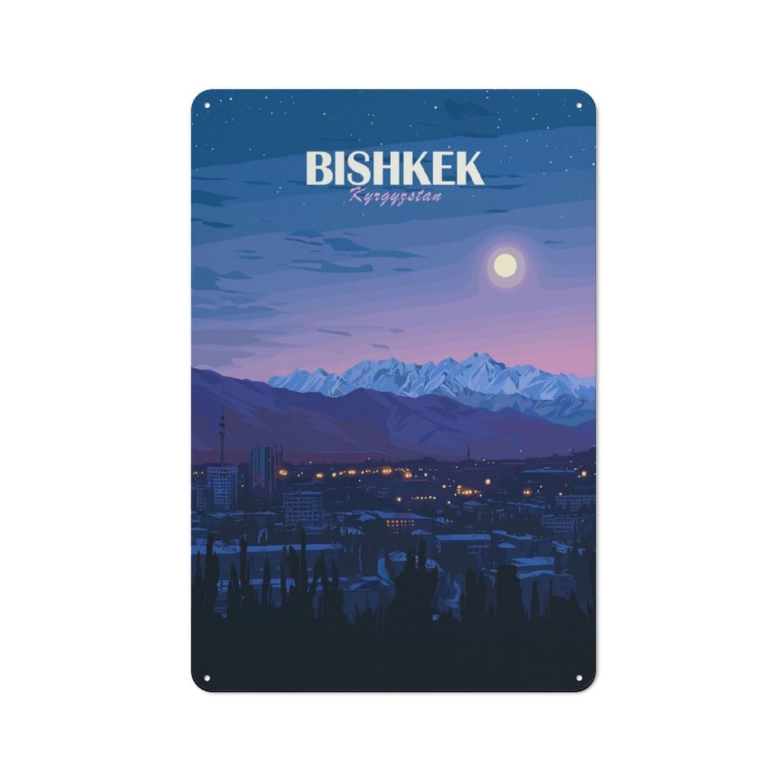 Junmoney Style-12 Bishkek Kyrgyzstan Night Cityscape Retro Tin Sign 30X20cm For Garage Wall, With Retro Styling For Interior Wall Displays