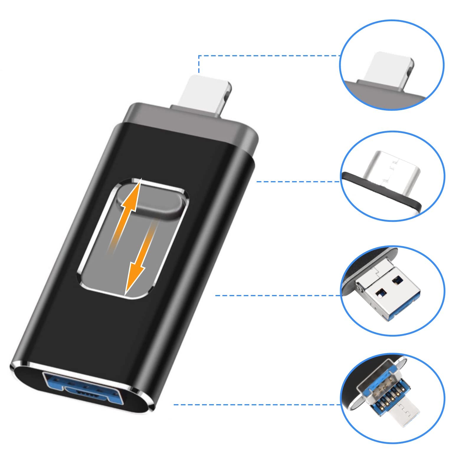 Pendrive 64GB para iPhone, Memoria USB Lightnning con Certificación MFi, 4 en 1 USB para iPhone Compatible con iOS/Android/PC, Pendrive para Movil para Guardar Fotos y Vídeos del Móvil Plug and Play