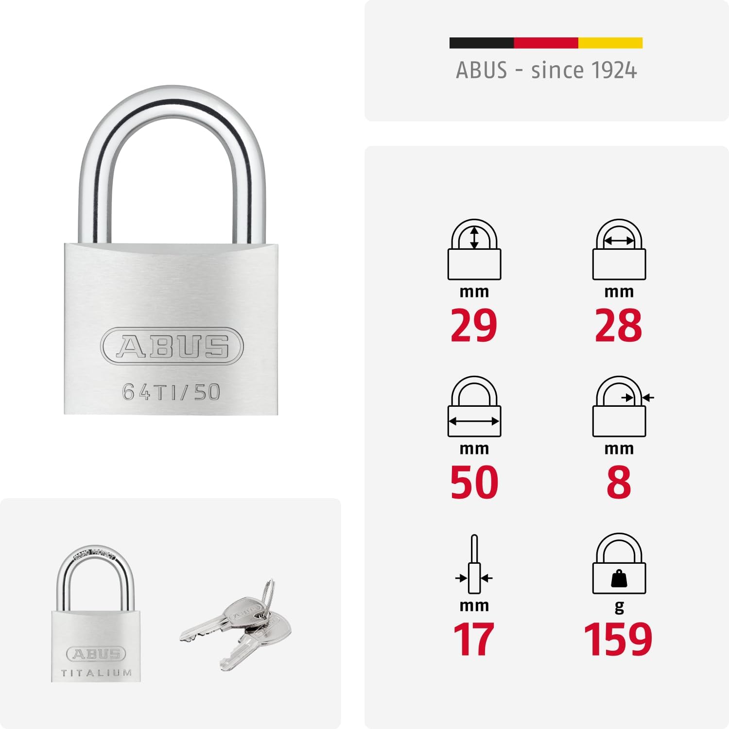 ABUS Titalium 64TI/50 Padlock - Basement Lock with Lock Body Made of Special Aluminium - Hardened Steel Shackle - ABUS Security Level 6