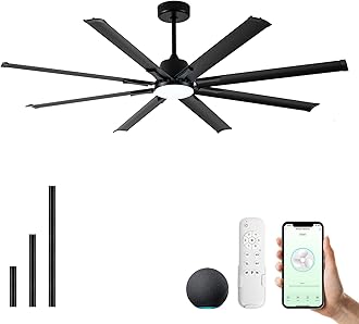 Maxslak 72 Inch Ceiling Fan with Light, Industrial Ceiling Fan with 8 Black Aluminum Blades, Smart Fan Works with Alexa, Garage Fan for