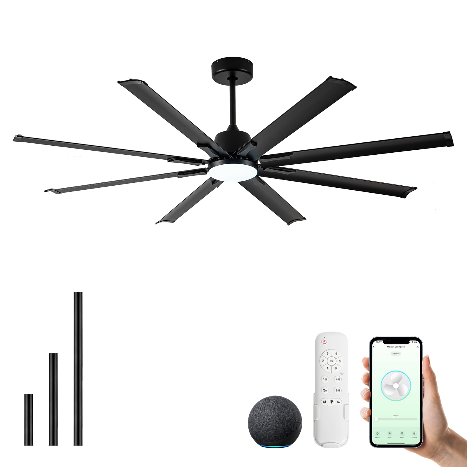 Maxslak 72 Inch Ceiling Fan with Light, Industrial Ceiling Fan with 8 Black Aluminum Blades, Smart Fan Works with Alexa, Garage Fan for