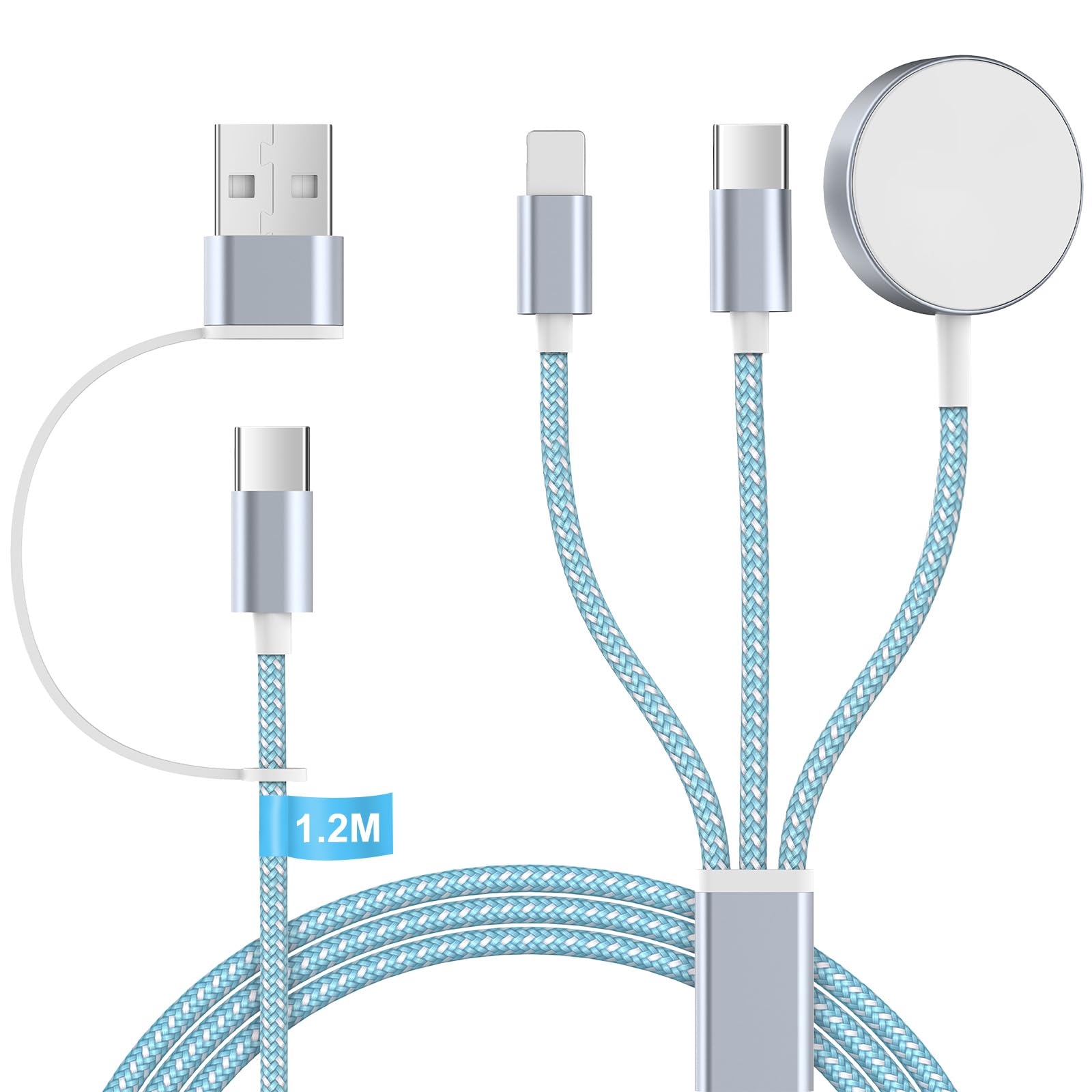 Ladekabel für Apple Watch und iPhone Ladegerät - 3 in 2 Charging Kabel Ladestation für iWatch Serien, 120cm USB C SchnellLadekabel für iPhone 17/16/15/14/13/12/11/iPad/AirPods, (Blau)