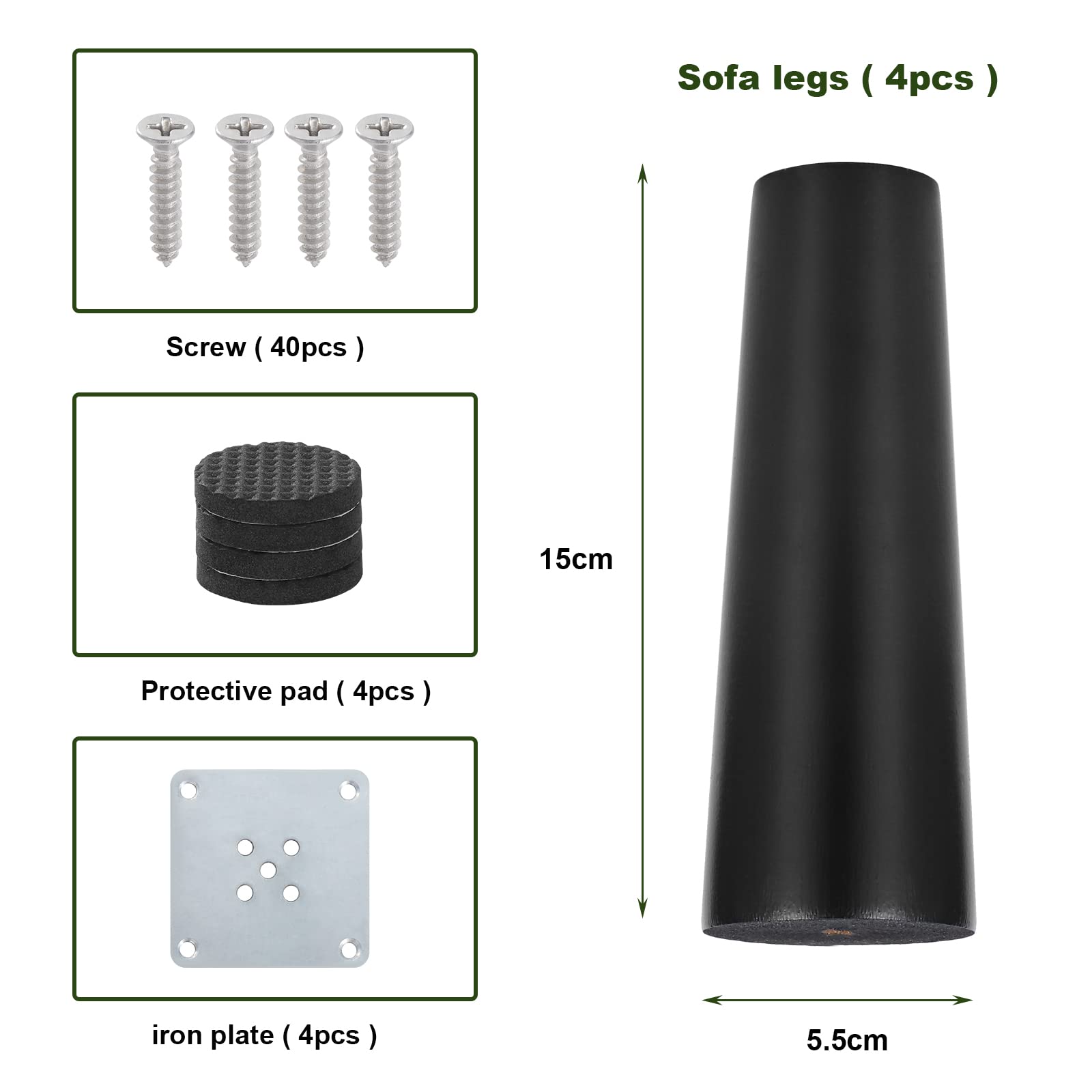 Knpwer 4 Pcs Wooden Furniture Legs,15 cm Solid Straight Wood Sofa Legs Replacement Furniture Feet with Mounting Plate - Image 2