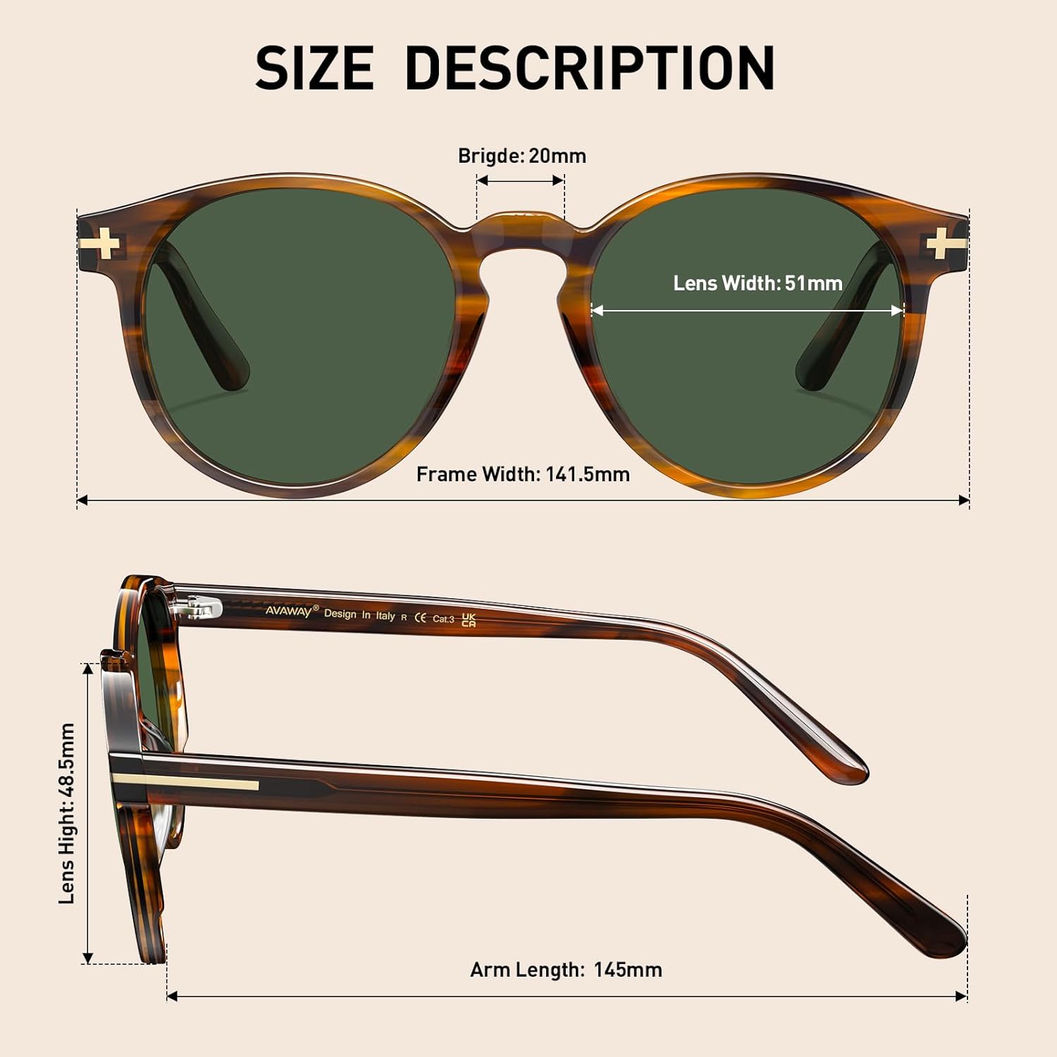 AVAWAY Polarized Sunglasses for Men Round UV Protection, Retro Hand-crafted Frame Gold Filigree Sunnies