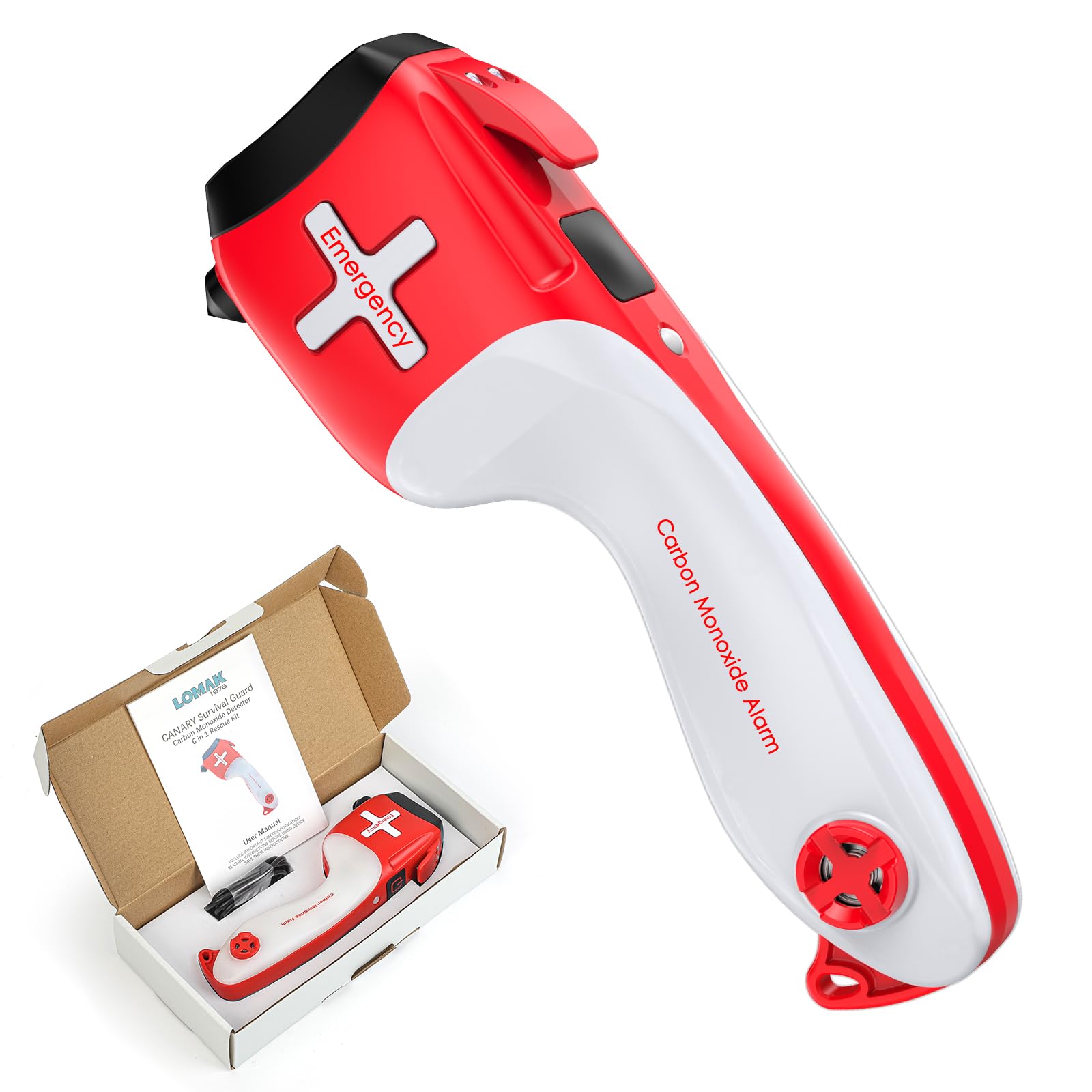 6-in-1 Multifunctional Emergency Tool, Flashlight with CO Detector, Window Breaker, Seat Belt Cutter, Red/White LED Warning Light, and Flashlight for Automotive Rescue Tool
