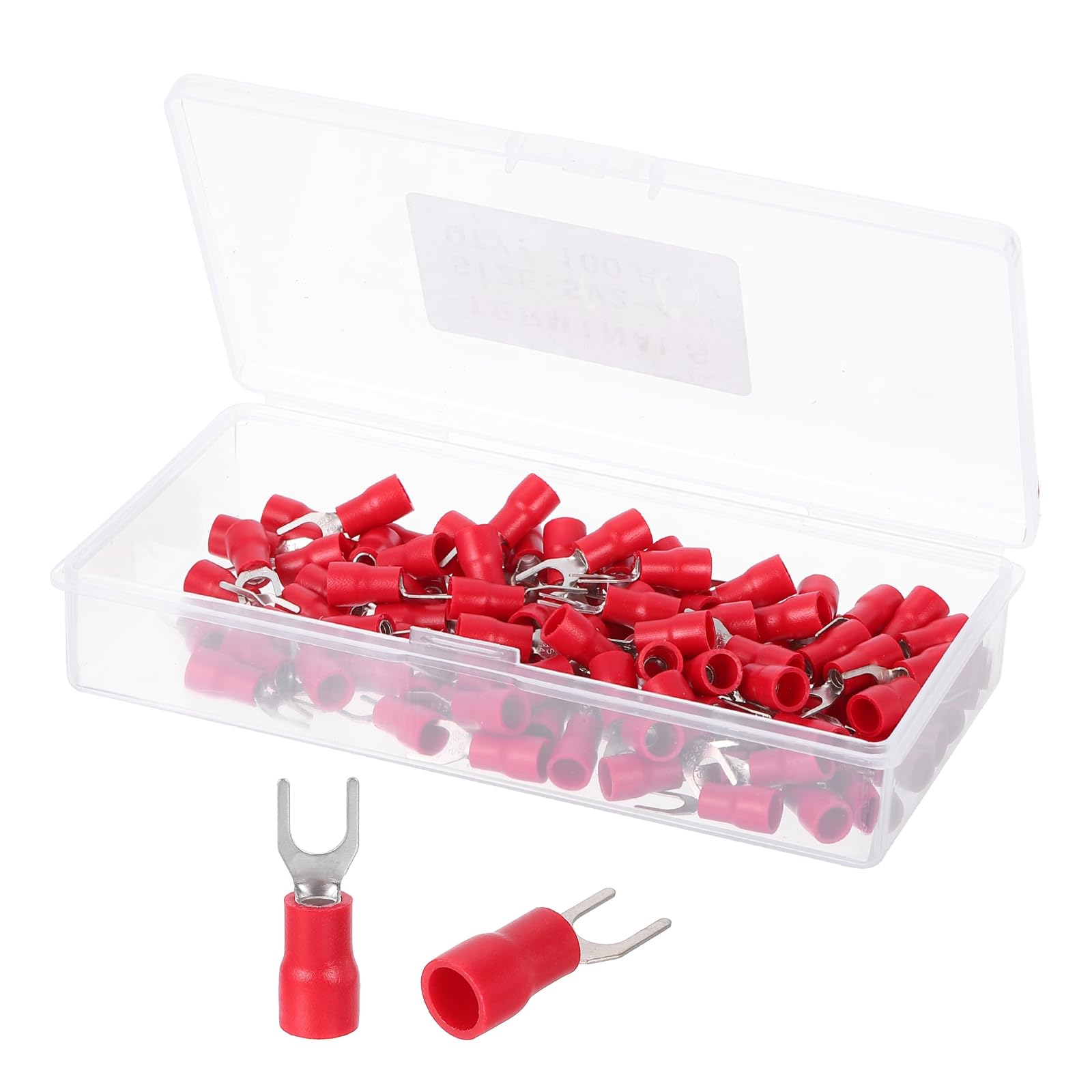 sourcing map Insulated Fork Spade Connectors, 16-14AWG SV2-4 U-Type Tinned Copper Waterproof Fork Crimp terminals Connectors for Industrial Electrical Marine Wiring, Pack of 100 (Red)