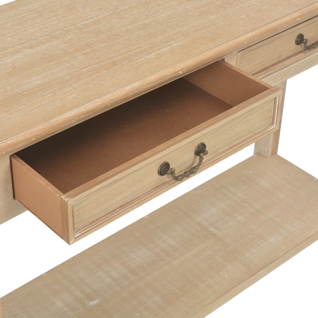 Consola clásica 110 x 35 x 80 cm, mesa auxiliar de madera de pino y MDF con 2 cajones y estantes, aparador para pasillo y salón, color madera natural
