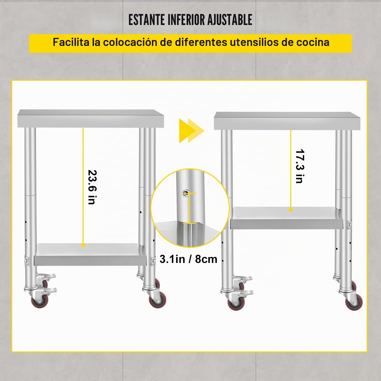 VEVOR Mesa de acero inoxidable, plata, 24 x 12 x 32 pulgadas