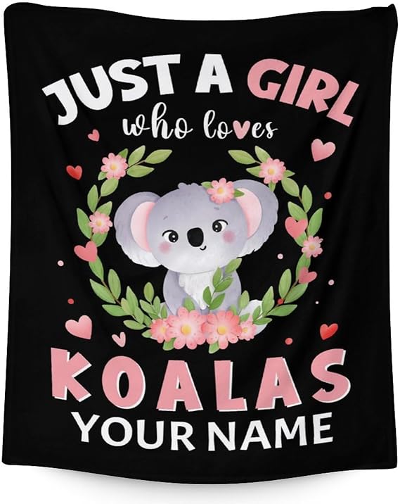 Personalized Koala Blanket Gifts with Name - 60"x80" Cute Throw for Women, Girls - Black Soft Fuzzy Blankets for Bed, Couch & Living Room