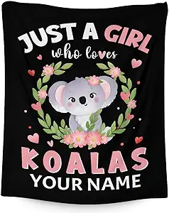 Personalized Koala Blanket Gifts with Name - 60"x80" Cute Throw for Women, Girls - Black Soft Fuzzy Blankets for Bed, Couch & Living Room