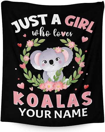 Personalized Koala Blanket Gifts with Name - 60"x80" Cute Throw for Women, Girls - Black Soft Fuzzy Blankets for Bed, Couch & Living Room