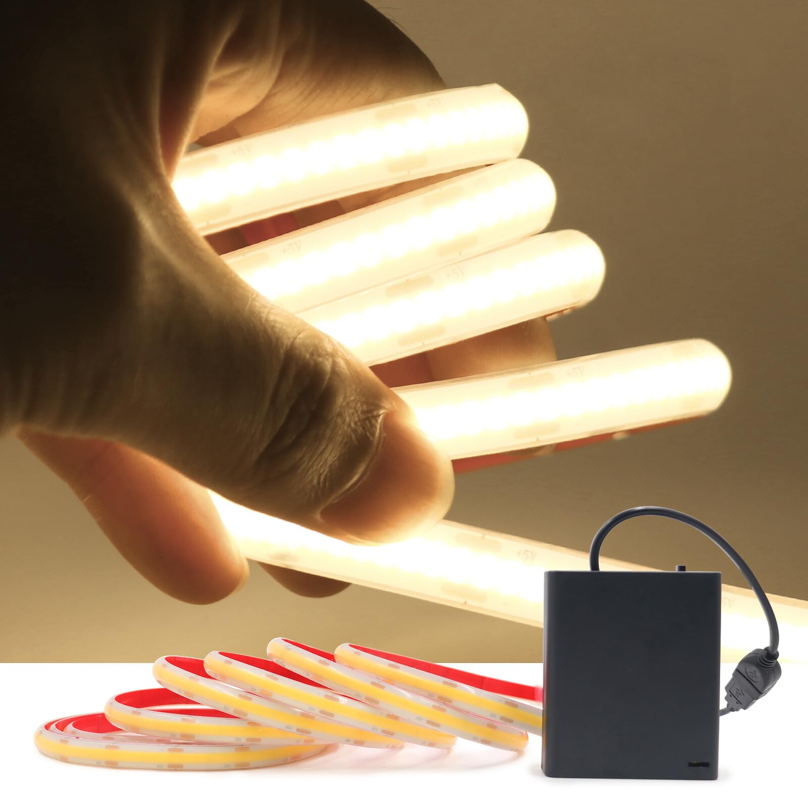 5V COB LED Strip [1M, Natural White 4000-4500K], Battery Powered, IP68 Waterproof Flexible, 320 LEDs/m Silicone FCOB LED Fairy Lights CRI85+, Cuttable Every 2.5 cm (Batteries Not Included)