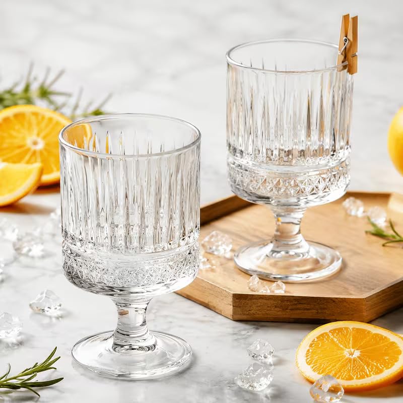 Image of Forestamart Diamond Cut Water Glasses Set of 4 | Embossed Stemmed Glass for, Mocktail, Cocktail & Pudding | 220ml Crystal Clear Goblet | Home Bar, Party & Gifting | Dishwasher Safe