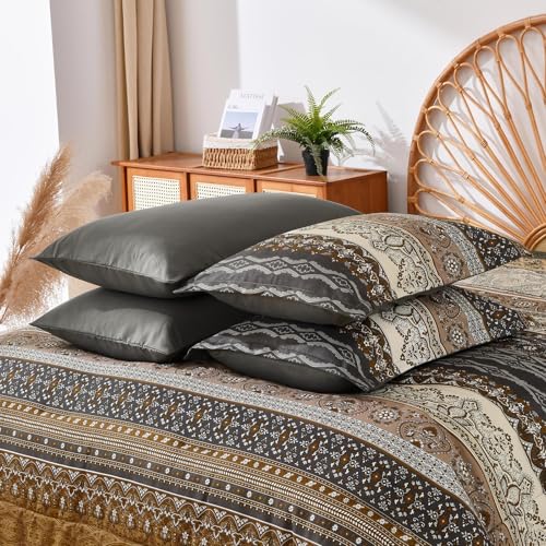 Image of Cottolester Boho Queen Comforter Set 8 Pieces,Brown Black Bohemian Comforter Paisley Striped Bed in A Bag,Soft Microfiber Bedding Set for All Season
