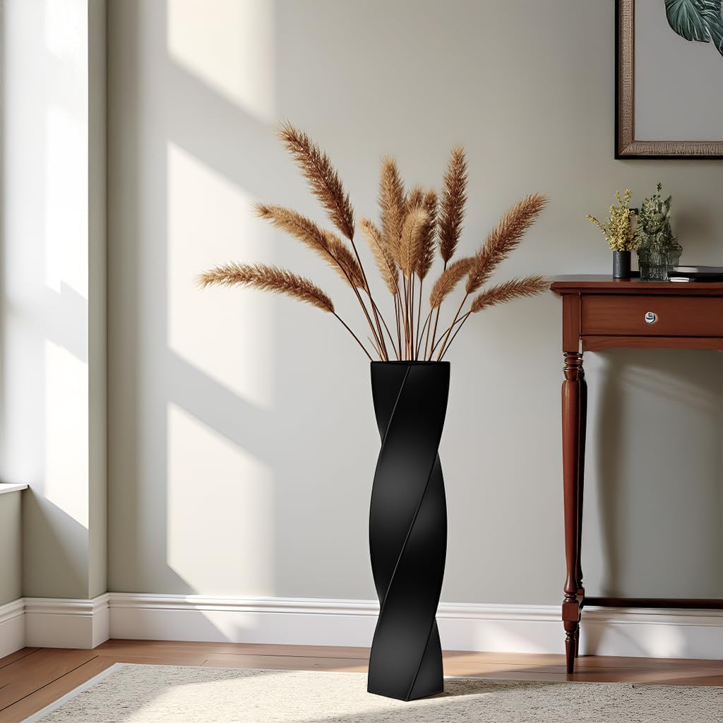 Tall Black Resin Floor Vase - 23.6 Inch Modern Square Twist Vases for Home Decor, Large Decorative Vase for Dried Flowers, Pampas Grass, Centerpiece - Matte Finish